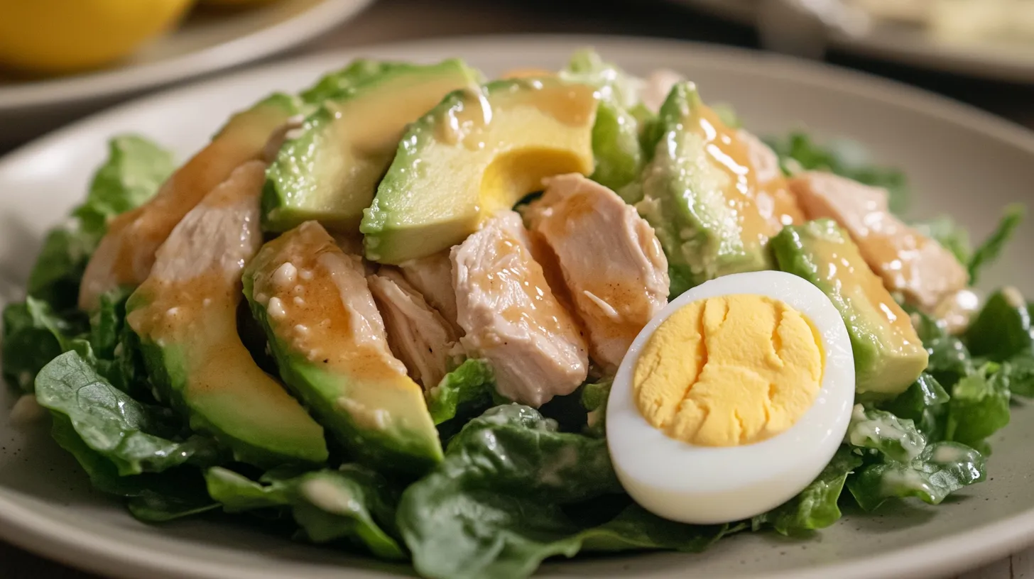 Low-carb chicken salad plate with fresh greens, avocado, and lemon wedge.