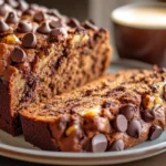 Chocolate banana bread using oil, with rich cocoa and chocolate chips.
