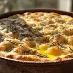 Golden-brown focaccia topped with rosemary and sea salt.