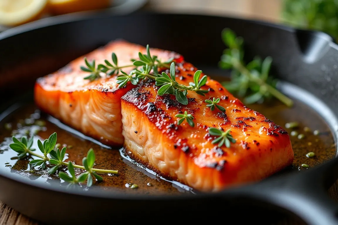 pan-seared coho salmon in a skillet with golden crust.