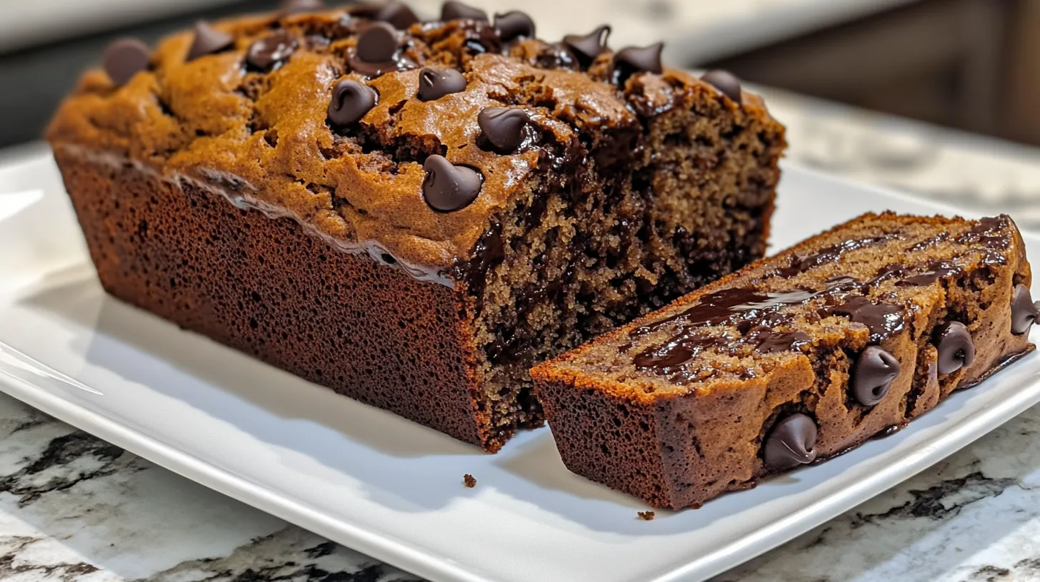 Sliced chocolate chip banana bread made with olive oil on a serving plate.