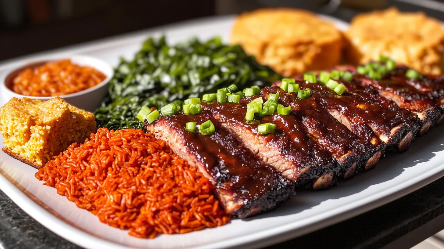 Red rice served with BBQ ribs, collard greens, and cornbread