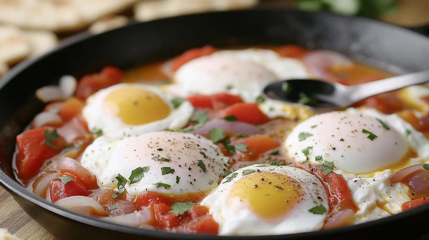 Shakshuka with poached eggs in tomato sauce and pita