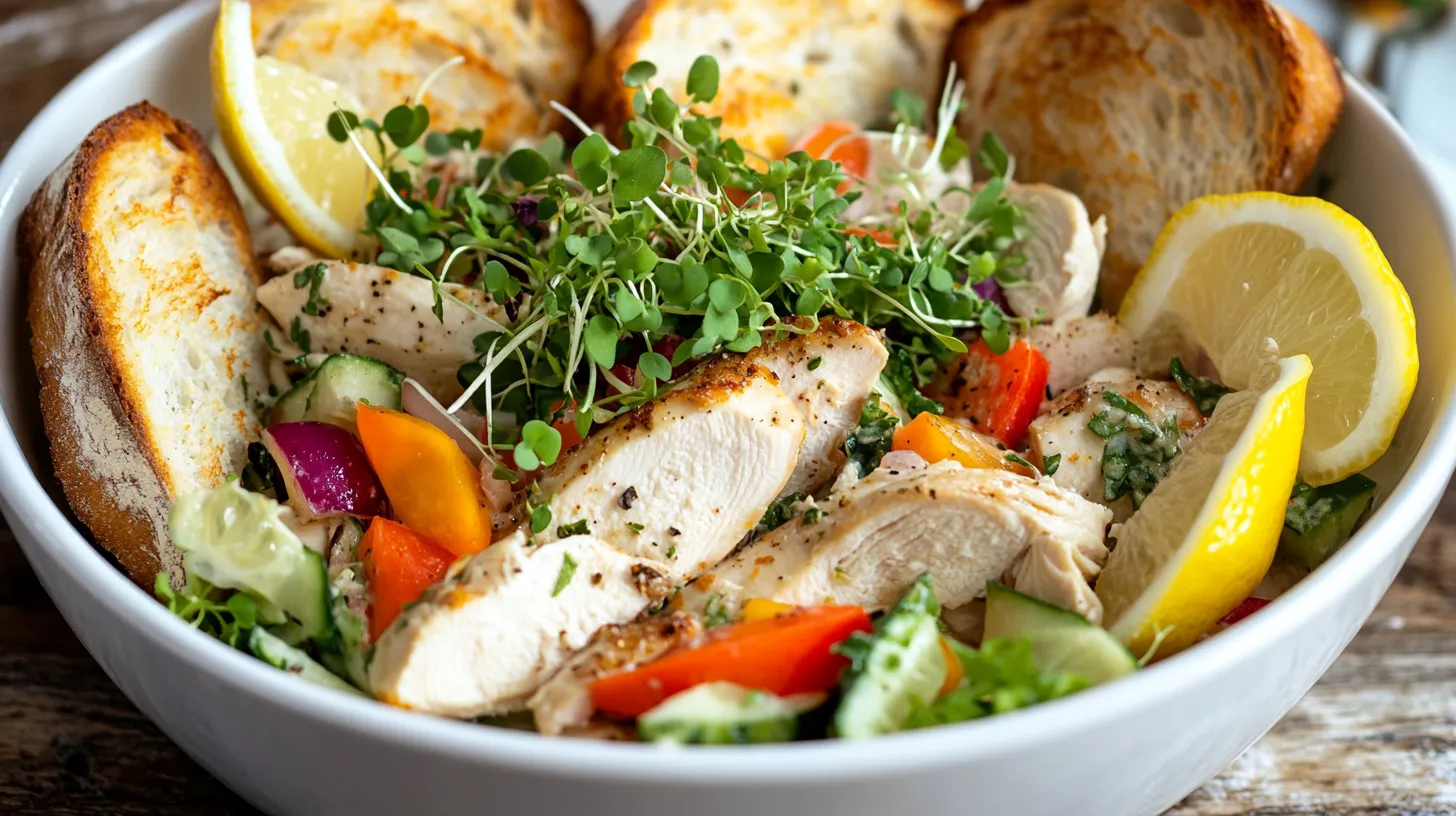 Chicken salad bowl with toasted sourdough and lemon wedges