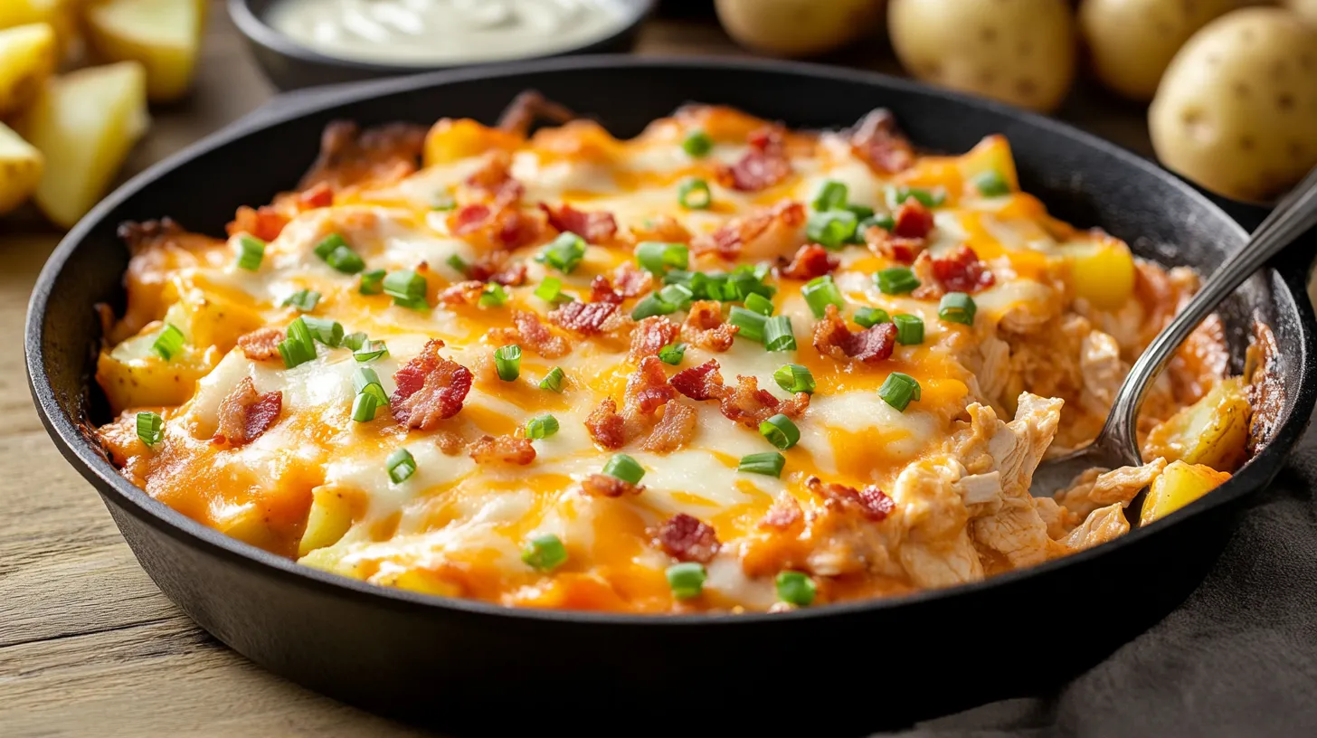 Buffalo chicken casserole with melted cheese, bacon, and potatoes.