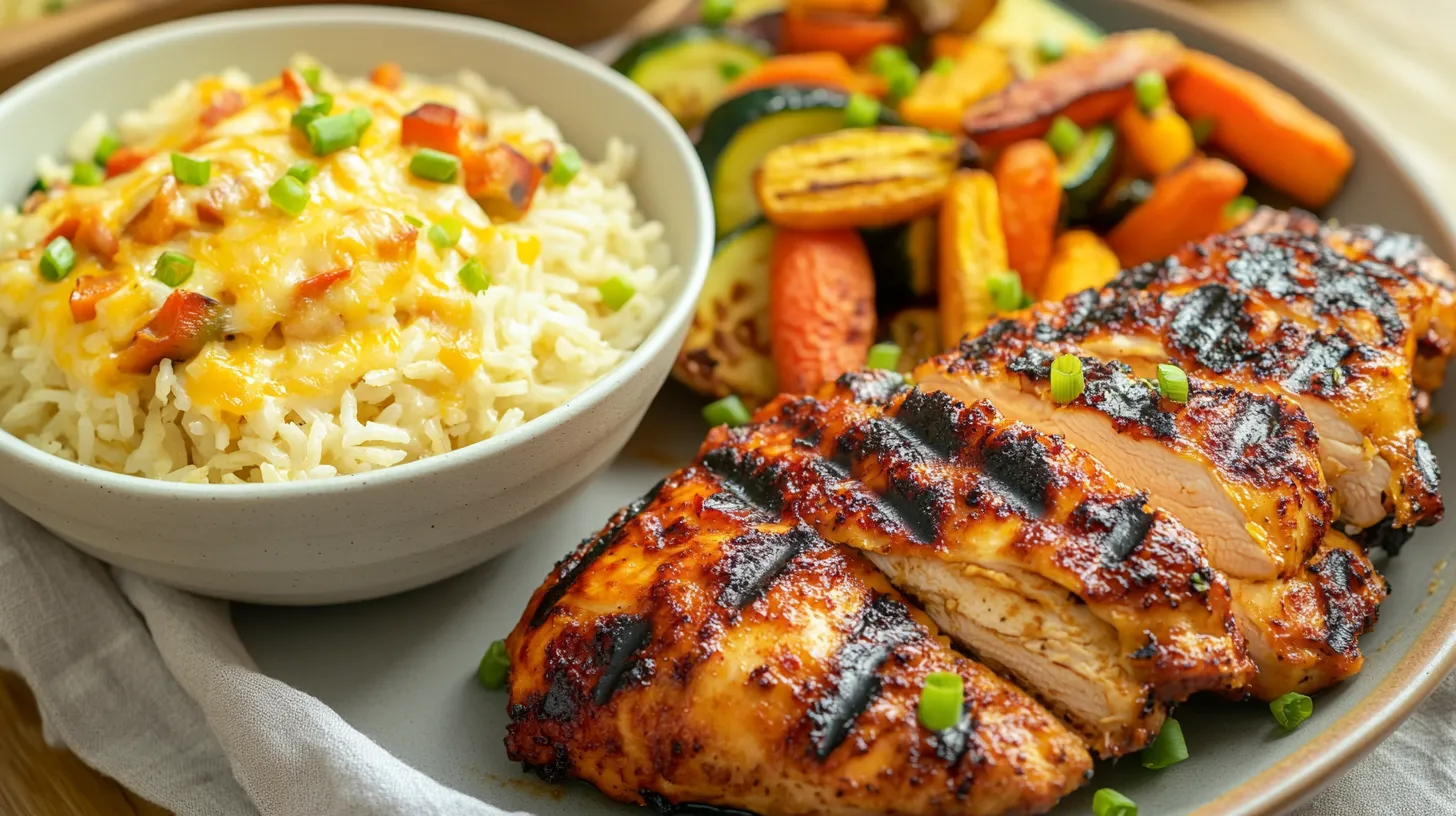 Grilled chicken paired with cheesy rice and roasted vegetables