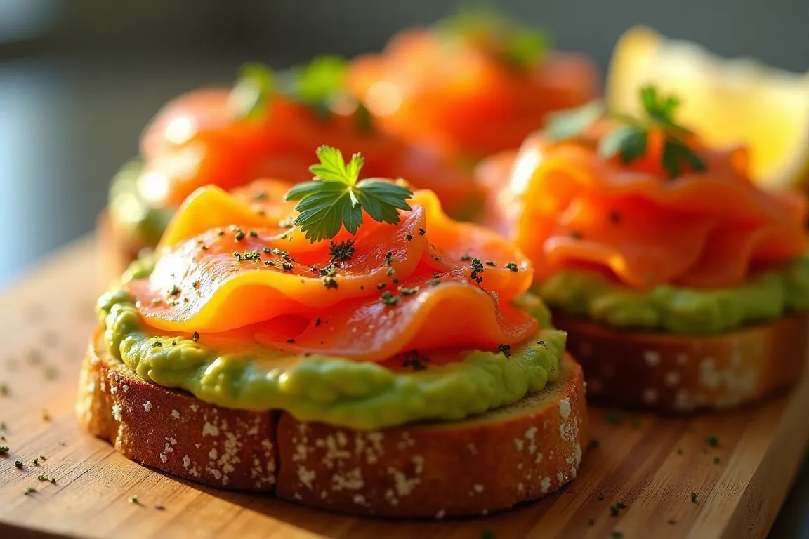 Avocado toast topped with smoked Coho salmon and chili flakes.