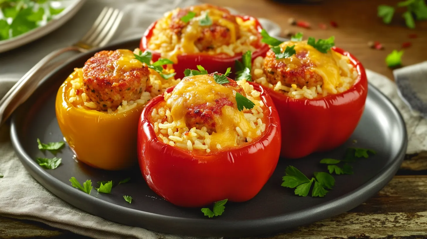 Stuffed bell peppers with chicken apple sausage, rice, and melted cheese