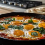 Shakshuka served in a skillet with pita bread on the side.