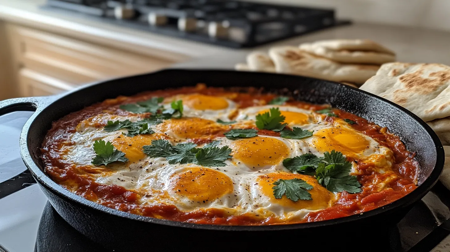 Shakshuka served in a skillet with pita bread on the side.