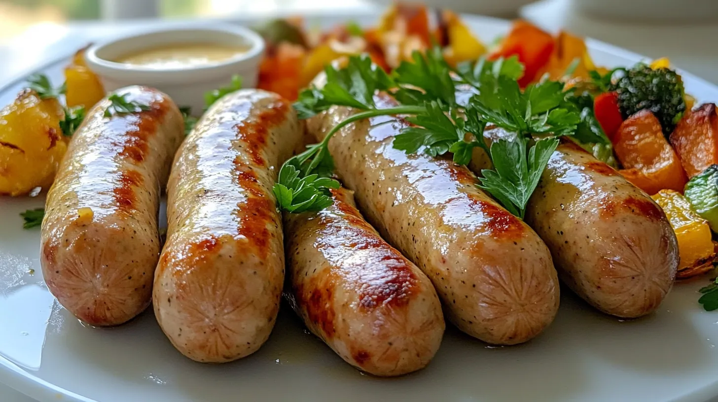 Air-fried chicken sausages served with mustard and vegetables