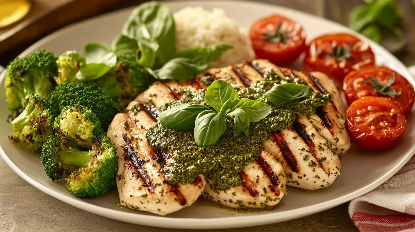 Grilled chicken with pesto sauce and healthy sides