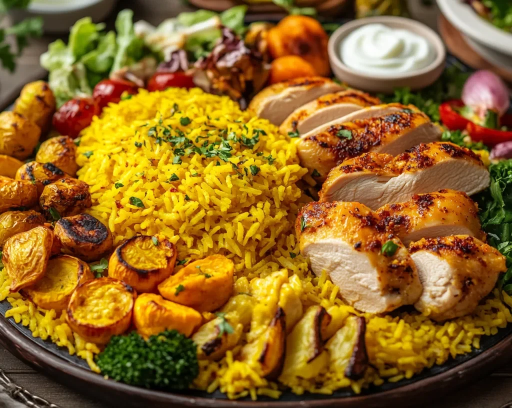 Chicken and yellow rice served with roasted vegetables and a green salad.