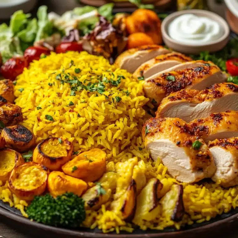 Chicken and yellow rice served with roasted vegetables and a green salad.