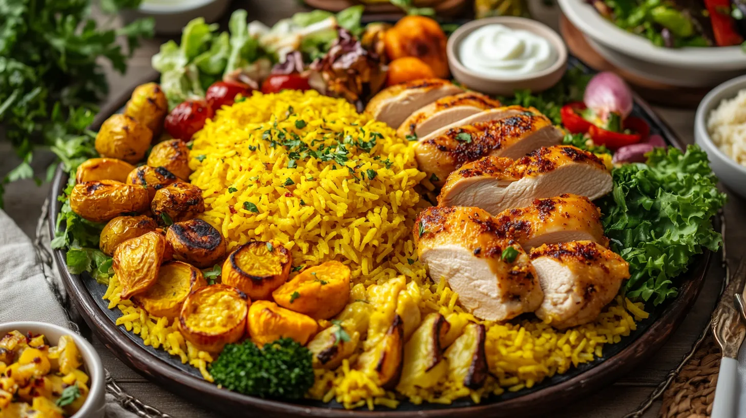 Chicken and yellow rice served with roasted vegetables and a green salad.