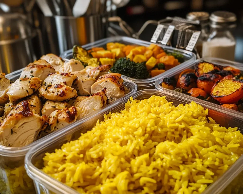 Meal prep containers with yellow rice and chicken