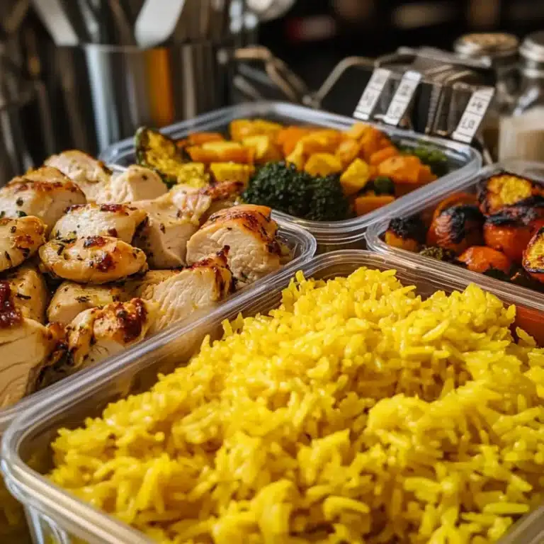 Meal prep containers with yellow rice and chicken