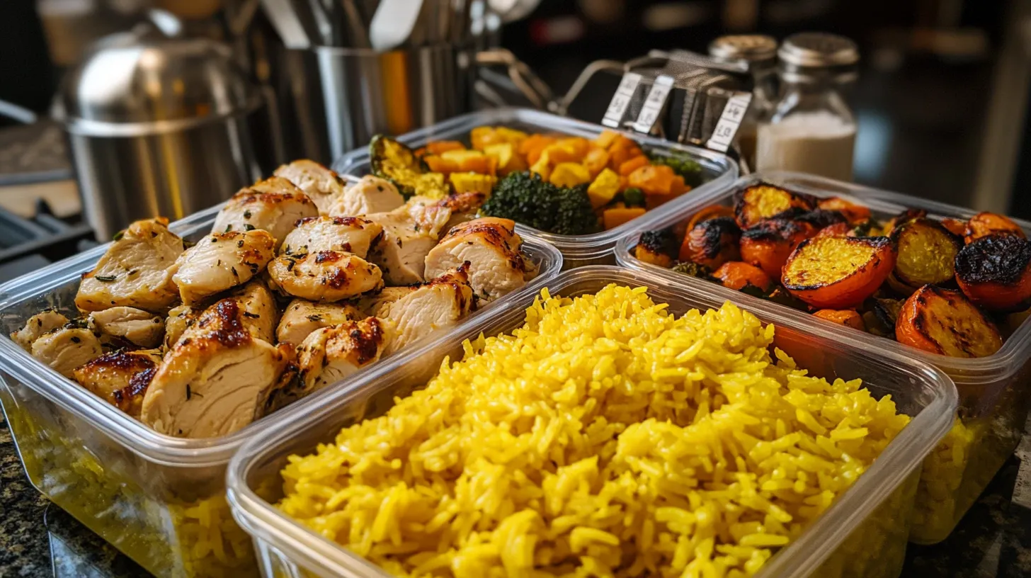 Meal prep containers with yellow rice and chicken