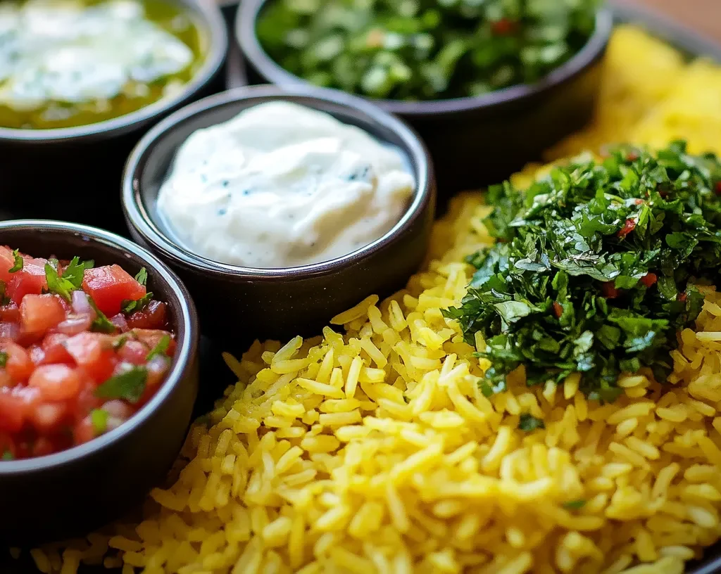 Yellow rice surrounded by chimichurri, yogurt sauce, and salsa.