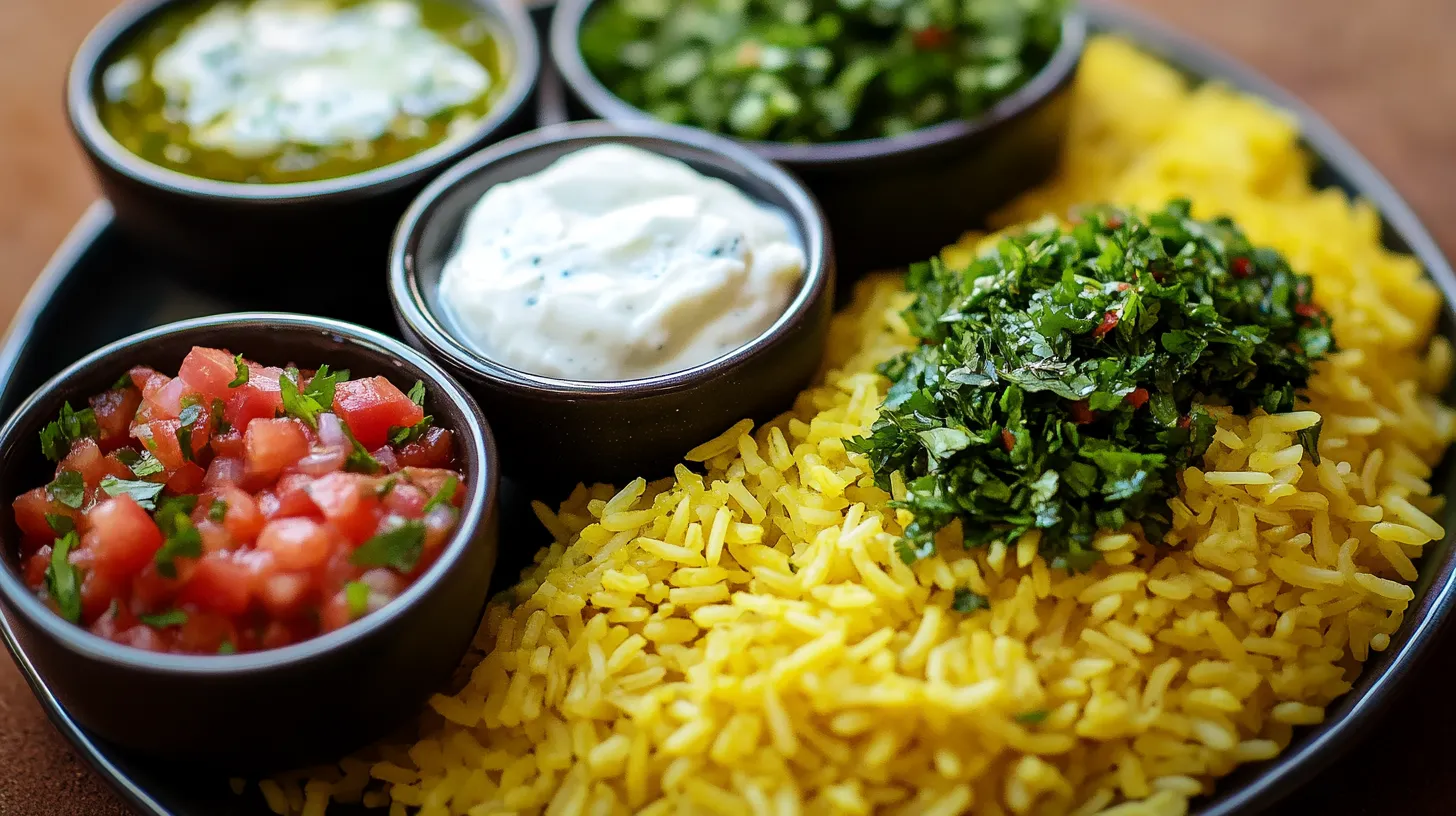 Yellow rice surrounded by chimichurri, yogurt sauce, and salsa.