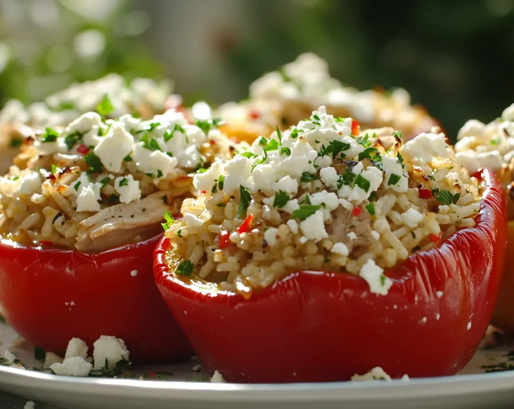 Mediterranean turkey and rice stuffed peppers with feta cheese.