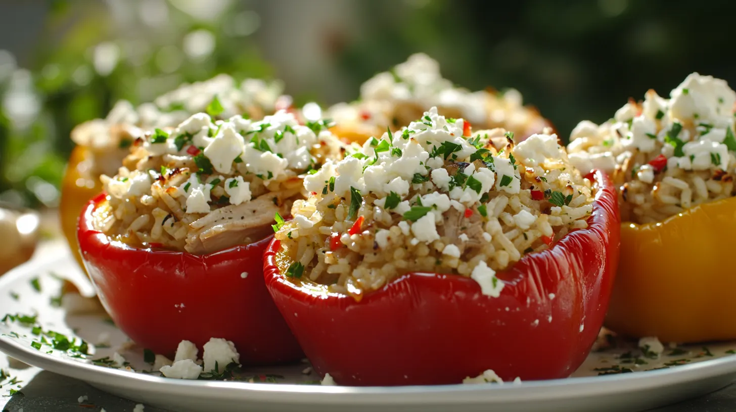 Mediterranean turkey and rice stuffed peppers with feta cheese.