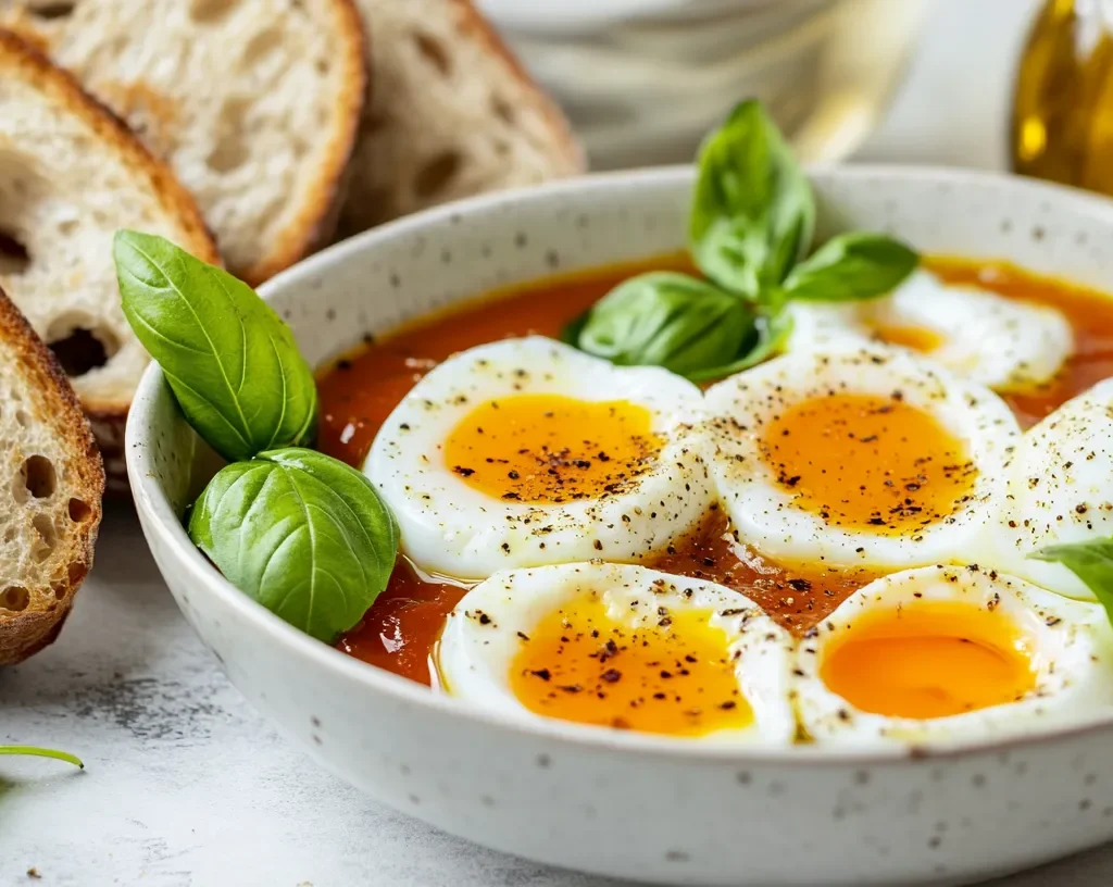 Eggs in purgatory served with crusty bread and basil.