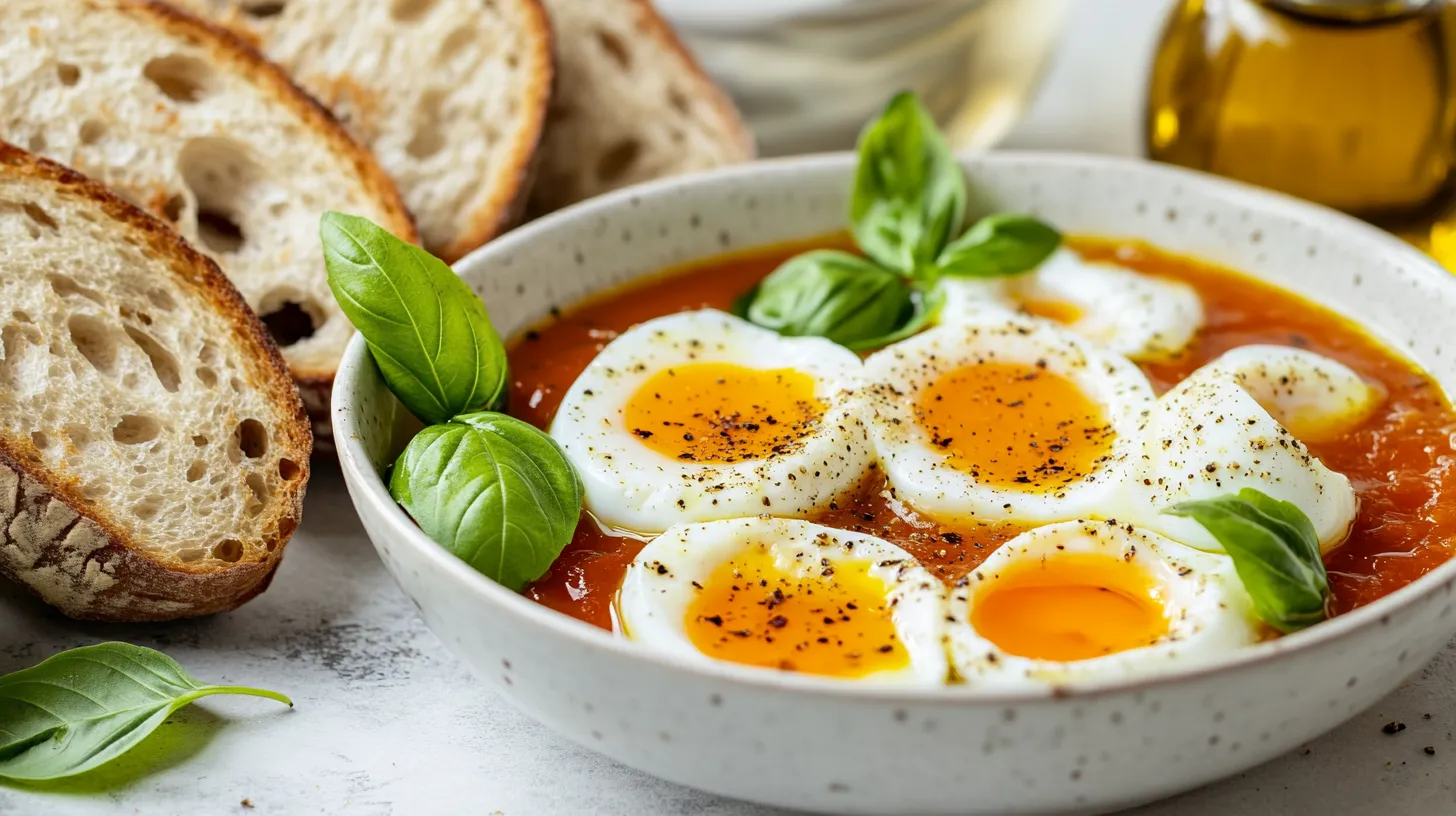 Eggs in purgatory served with crusty bread and basil.