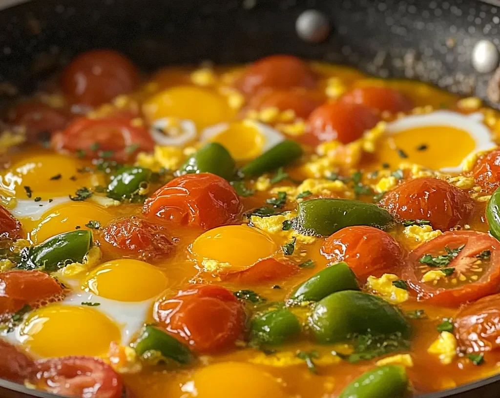 Menemen being cooked in a Turkish pan