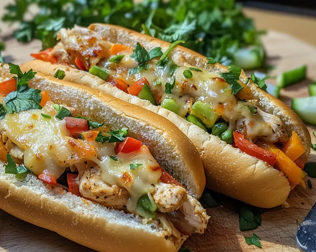 Hoagie roll being filled with chicken cheesesteak ingredients