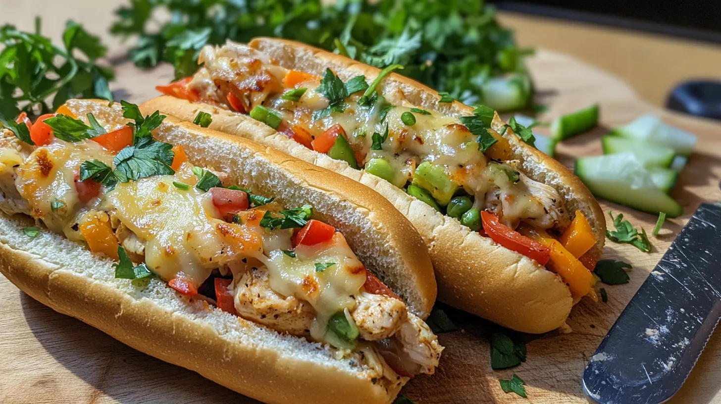 Hoagie roll being filled with chicken cheesesteak ingredients