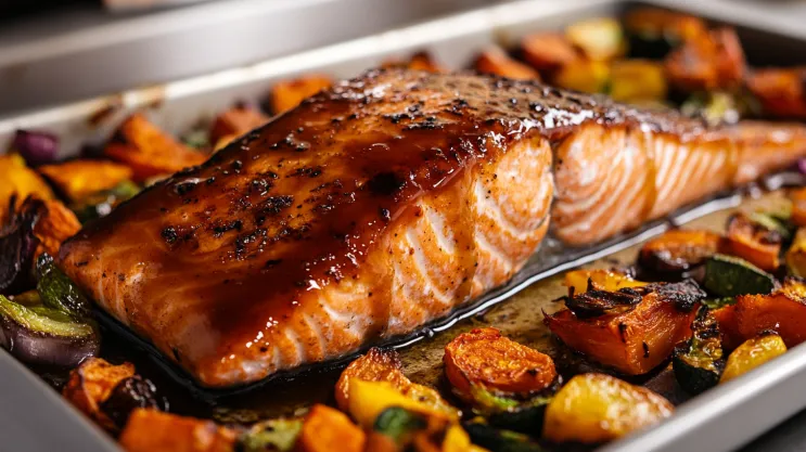 Maple-glazed coho salmon with roasted vegetables