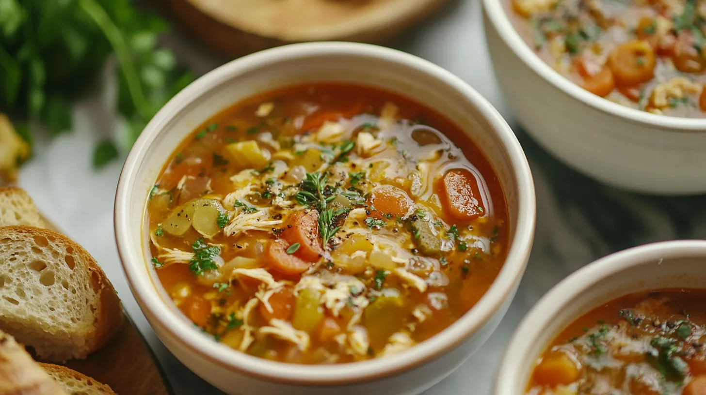 Assortment of Panera soups including ten vegetable and chicken noodle.