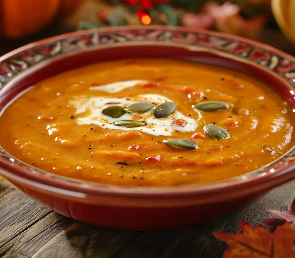 Autumn squash soup garnished with cream and pumpkin seeds on a rustic table.