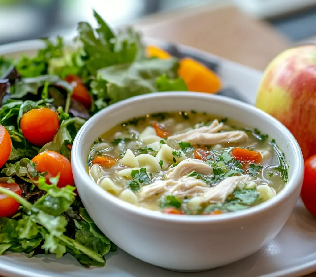 Panera tray with chicken noodle soup, salad, and apple for a balanced meal.