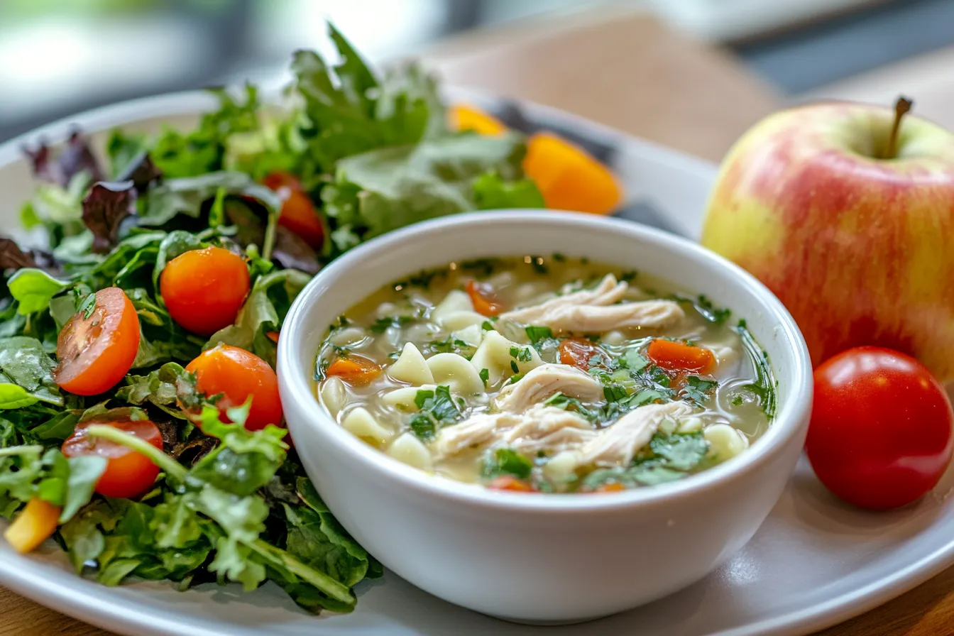 Panera tray with chicken noodle soup, salad, and apple for a balanced meal.