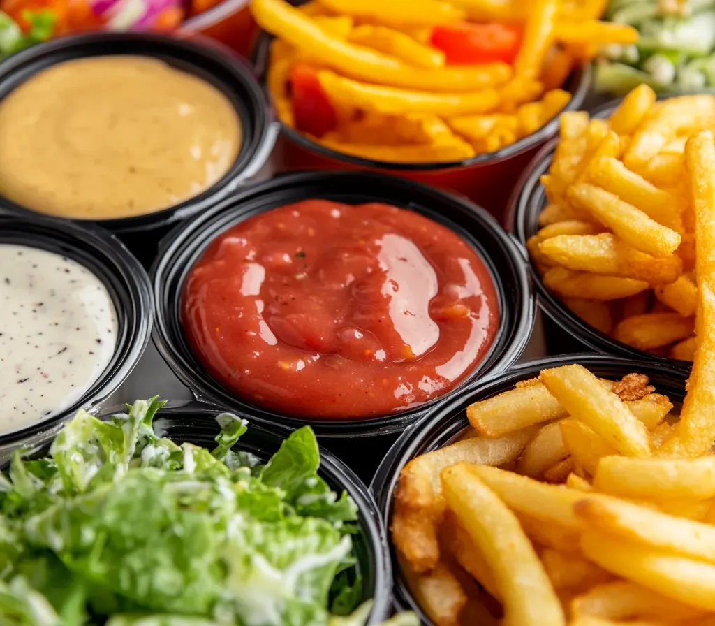 A variety of Burger King salad dressings in small cups.