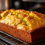 Zucchini banana bread with a toothpick inserted to check doneness.