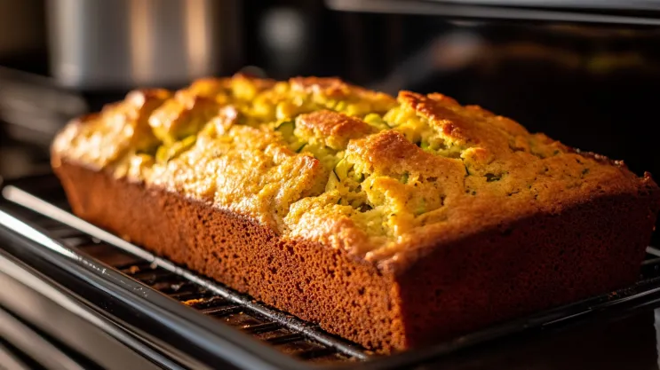 Zucchini banana bread with a toothpick inserted to check doneness.