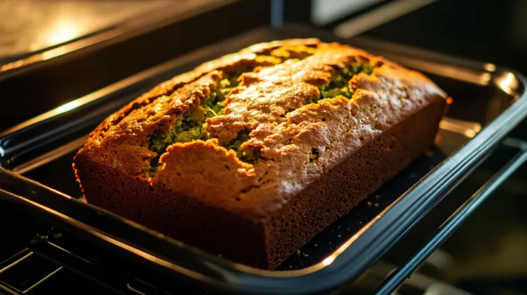 Zucchini bread loaf baking in the oven with a toothpick inserted for doneness.