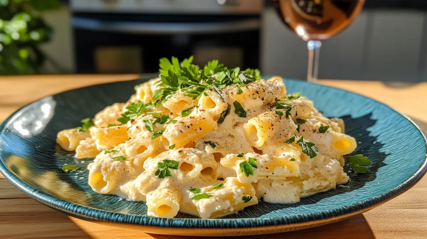 Creamy ditalini pasta topped with parsley on a wooden table.