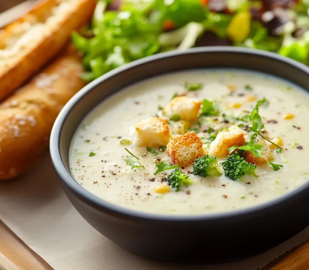 Panera soup and salad combo with Broccoli Cheddar Soup.