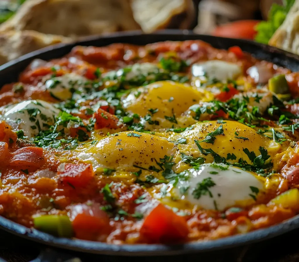 Vendor preparing shakshuka at a Moroccan street market with fresh ingredients.