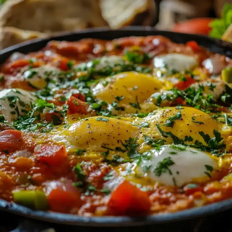 Vendor preparing shakshuka at a Moroccan street market with fresh ingredients.