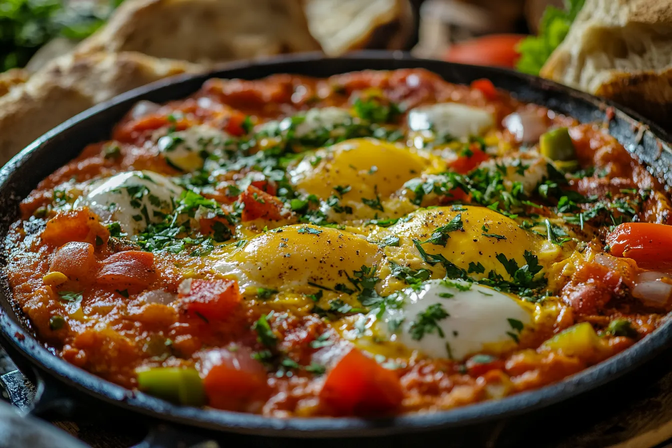 Vendor preparing shakshuka at a Moroccan street market with fresh ingredients.