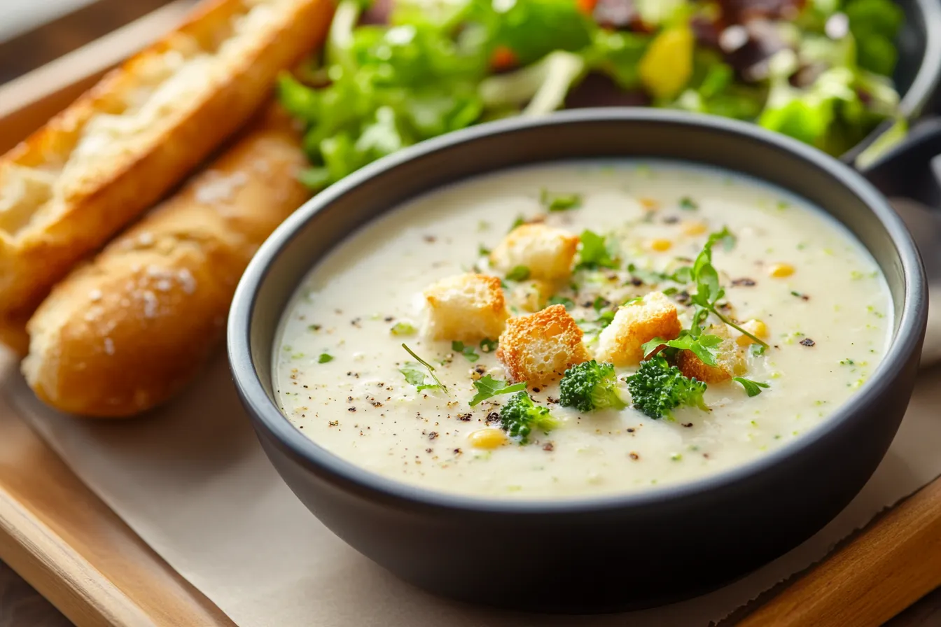 Panera soup and salad combo with Broccoli Cheddar Soup.