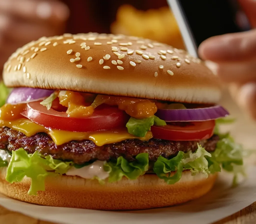 A customer reading Burger King salad reviews on a smartphone.