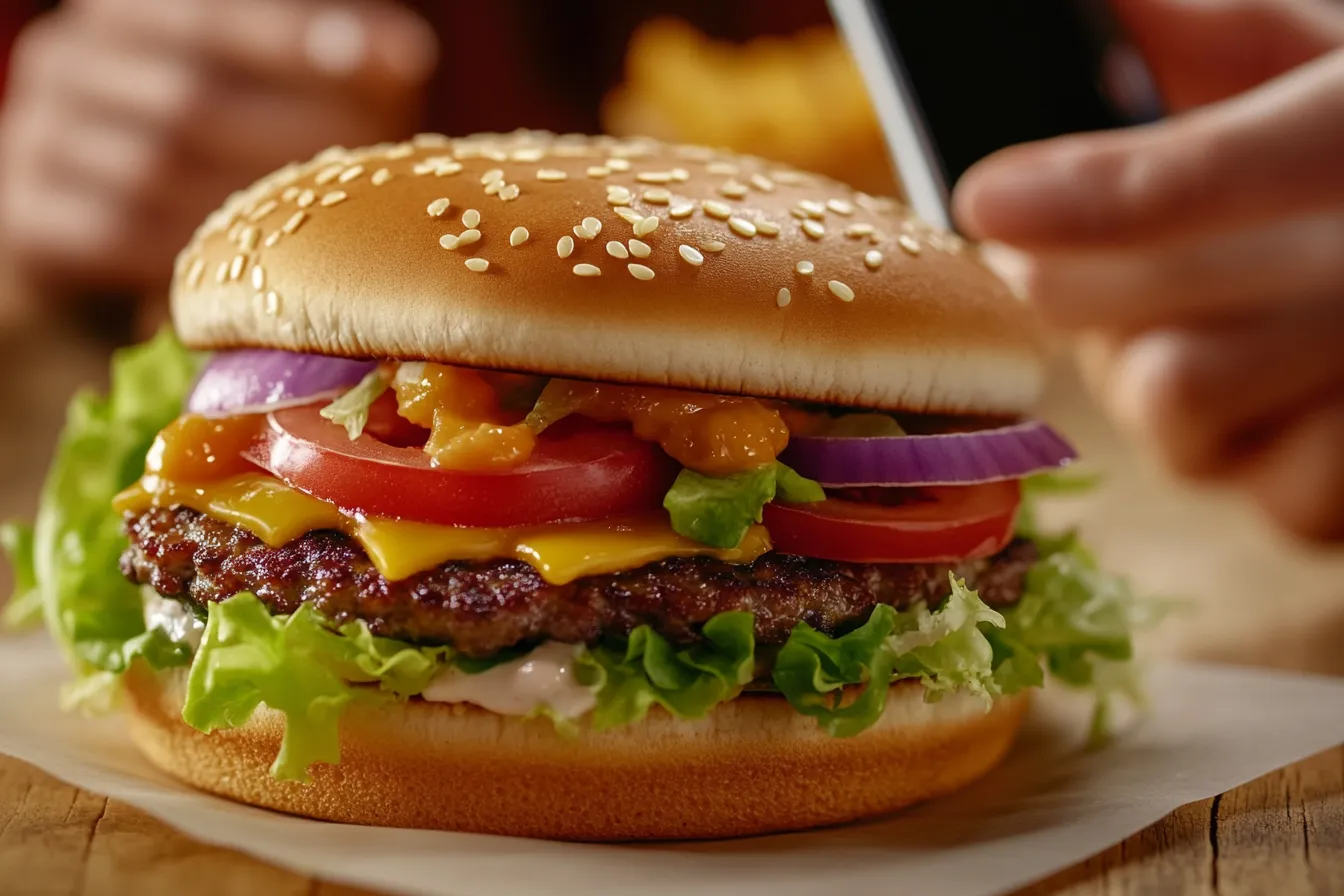 A customer reading Burger King salad reviews on a smartphone.