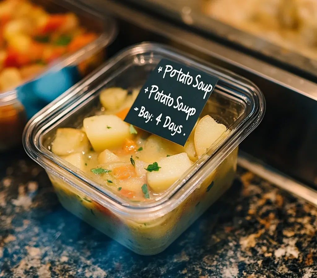 Leftover potato soup stored in an airtight container in the fridge with a label indicating its freshness.