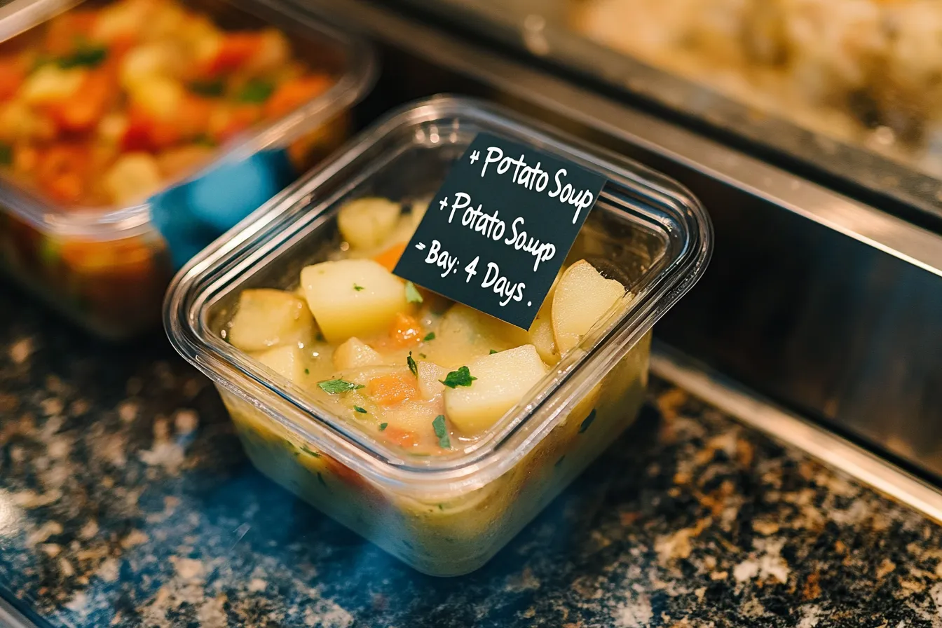 Leftover potato soup stored in an airtight container in the fridge with a label indicating its freshness.